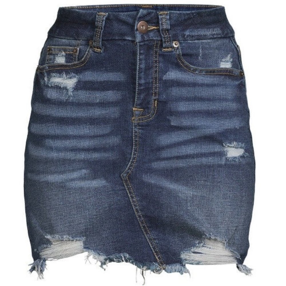 No Boundaries Super High Rise Distressed Denim Mini Skirt Dark Wash Size 13 NWT